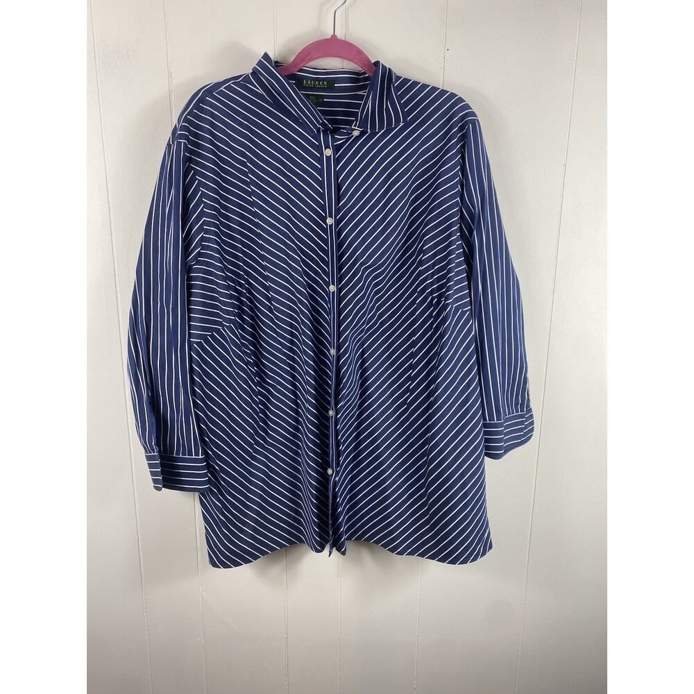 Lauren Ralph Lauren Diagonal Stripe Button Up Navy White Office Career Size 3X